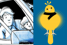 Composite image of two kids in a car and a yellow bird