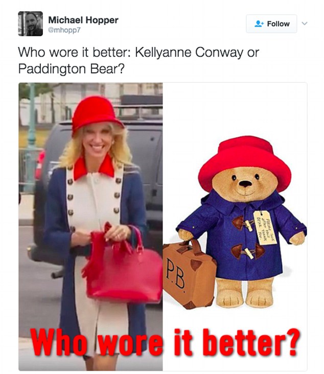 Screencap of tweet that depicts two images: one of Kellyanne Conway carrying a purse and wearing a red, white, and blue hat and jacket, and one of Paddington Bear in a blue jacket and red hat carrying a suitcase. The text of the tweet reads “Who wore it better: Kellyanne Conway or Paddington Bear?” and the text “Who wore it better?” appears in red across the bottom.