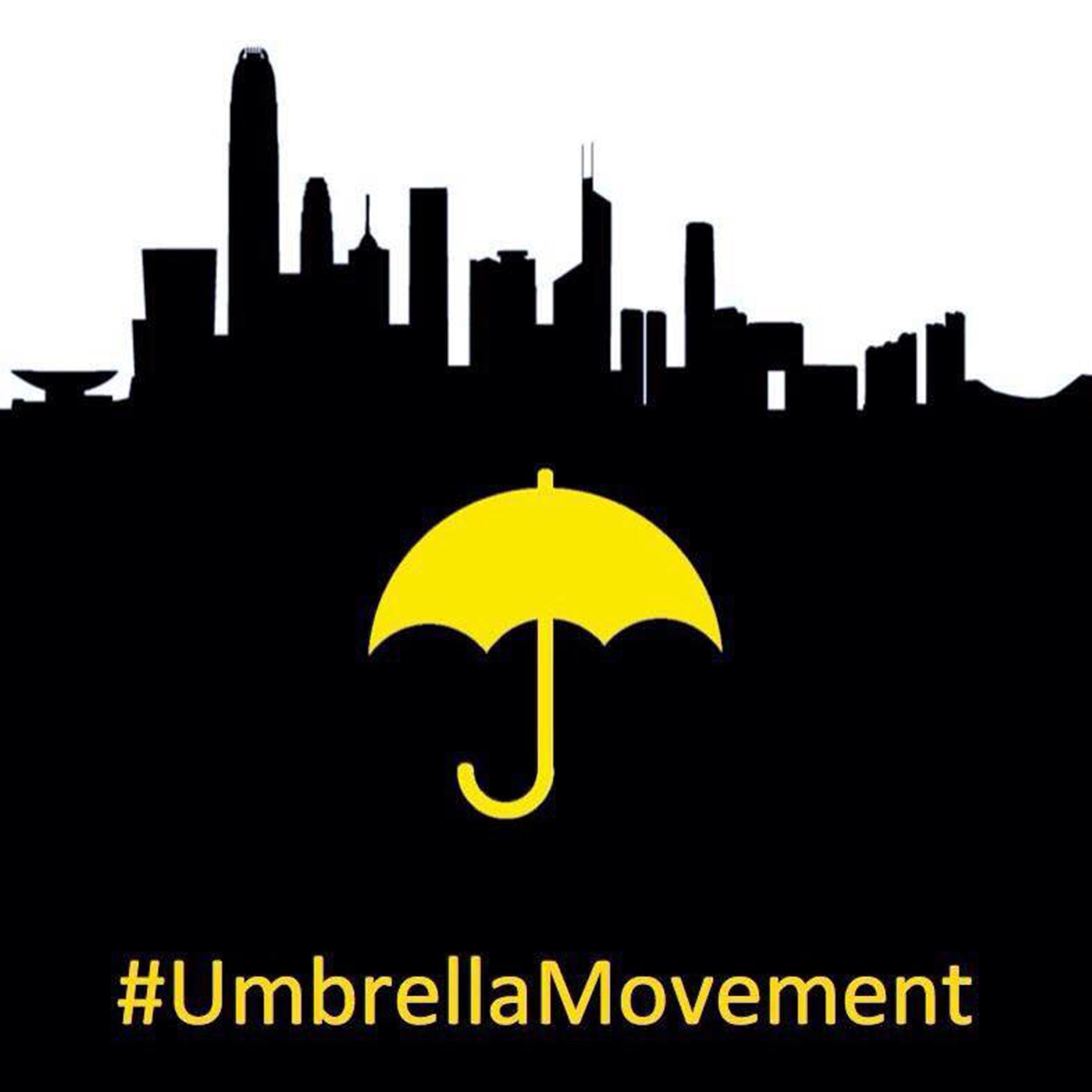 #UmbrellaMovement meme displaying the black silhouette of the Hong Kong skyline on a white background. In the center is a yellow umbrella with the words “#UmbrellaMovement” under it.