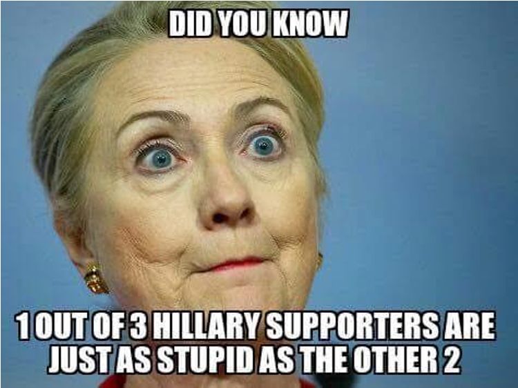 Image of Hillary Clinton with wide eyes and pursed lips. Text at the top reads “Did you know.” Text at the bottom reads “1 out of 3 Hillary supporters are just as stupid as the other 2.”